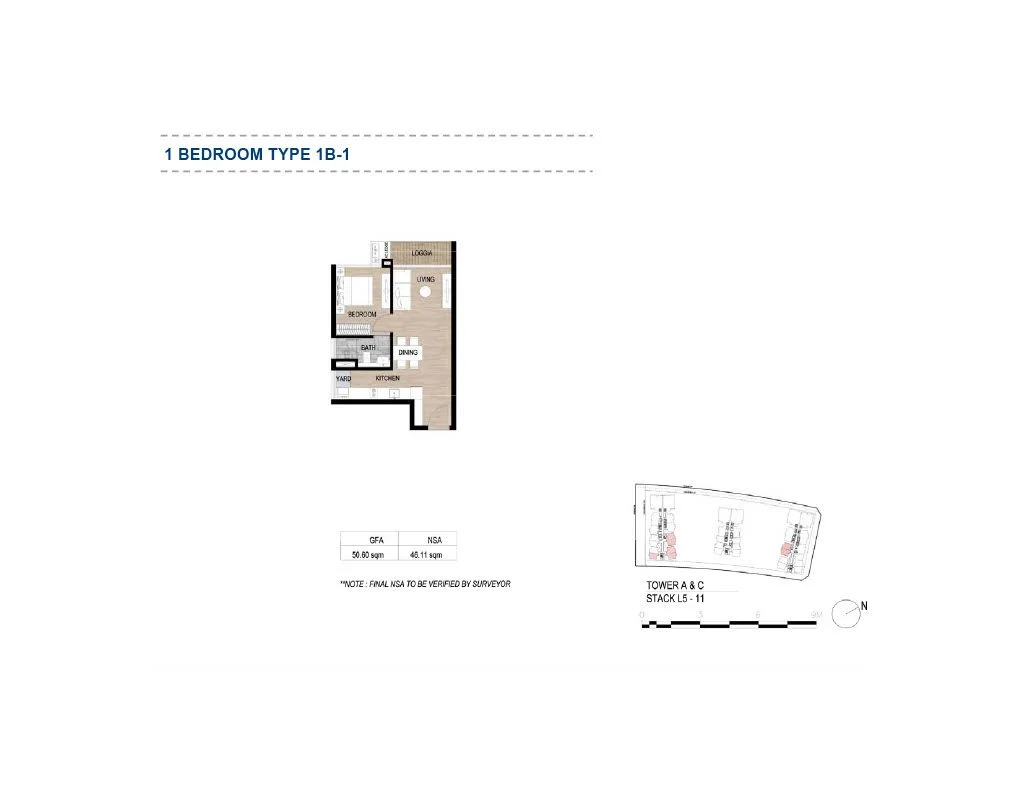 Bản vẽ thiết kế mặt bằng layout căn hộ 1 phòng ngủ Type 1B-1 tại phân khu The Galleria Residence