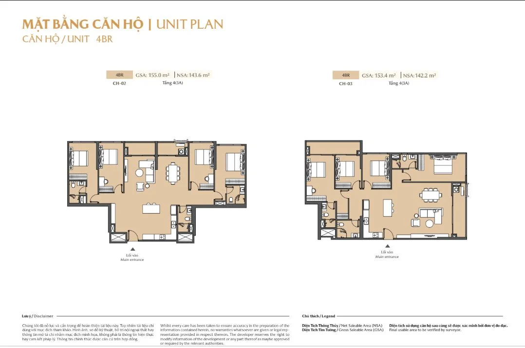 Mặt bằng layout căn hộ 4 phòng ngủ 4BR mã CH-02 và CH-03 tầng 4 tòa B2