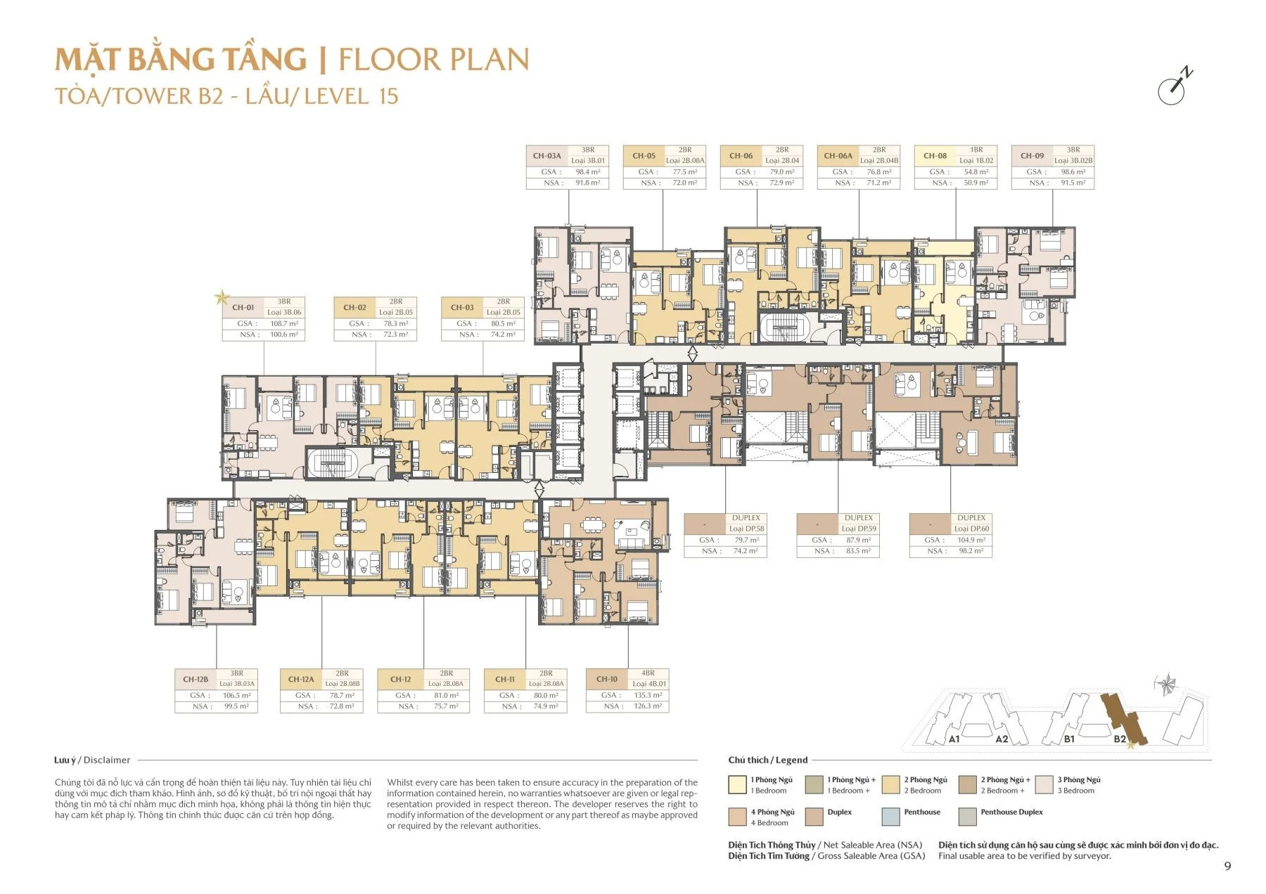 Chi tiết mặt bằng lầu 15 tháp B2 Masteri Park Place với cơ cấu sản phẩm đa dạng từ 1PN đến 4PN và Duplex
