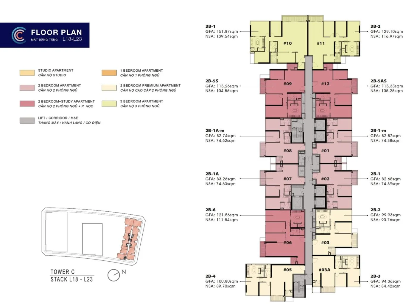 Bản vẽ layout tầng 18 đến 23 căn hộ The Crest Residence