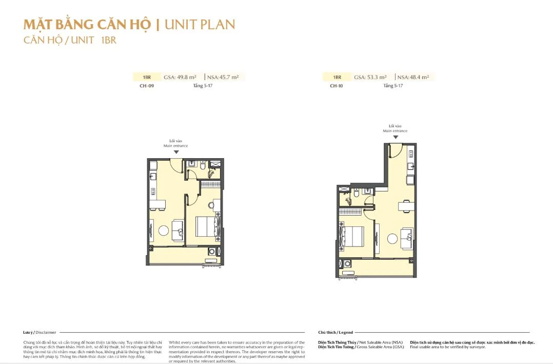 Chi tiết mặt bằng layout căn hộ 1 phòng ngủ mã CH-09 và CH-10 tại tòa B2 Masteri Cosmo Central