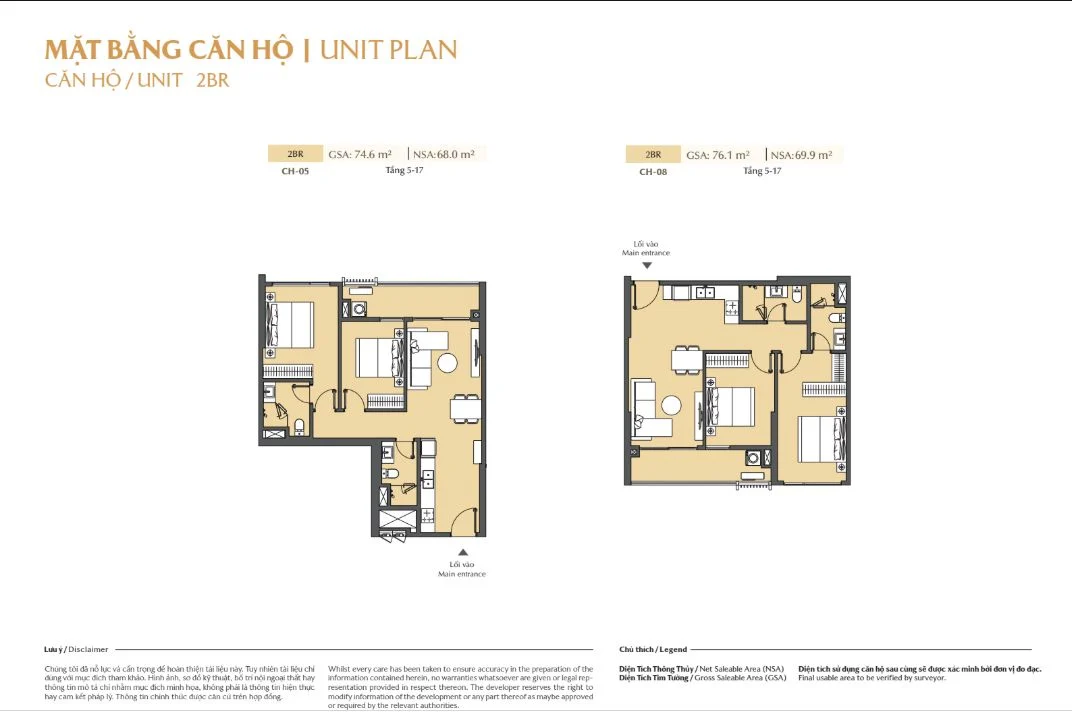 Chi tiết layout căn hộ 2 phòng ngủ mã CH-05 và CH-08 tòa B2 Masteri Cosmo Central