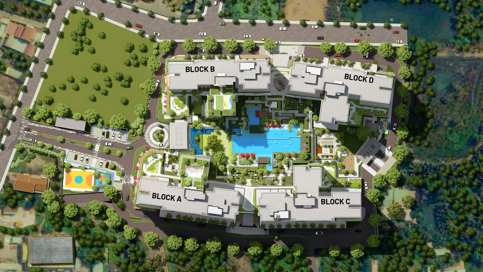 Sơ đồ mặt bằng tổng thể dự án Elysian Gamuda Land thể hiện 4 tháp căn hộ và hệ thống tiện ích nội khu