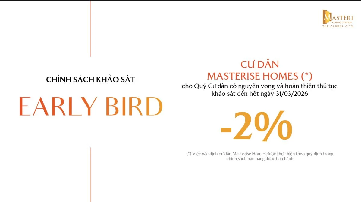 Chính sách chiết khấu 2% tri ân khách hàng là cư dân hiện hữu của Masterise Homes khi mua Masteri Cosmo Central