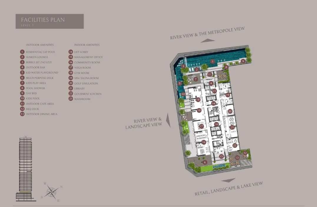 Sơ đồ bố trí mặt bằng tiện ích hồ bơi và giải trí tầng 5 tại The Opusk Residence