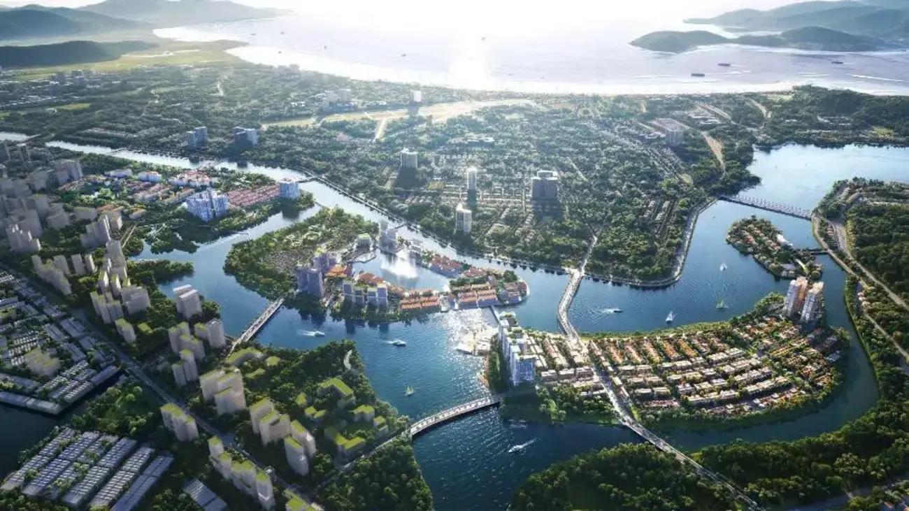 Phối cảnh dự án Charmora City với ba đảo chức năng liên hoàn, tạo sự cân bằng giữa con người và thiên nhiên.