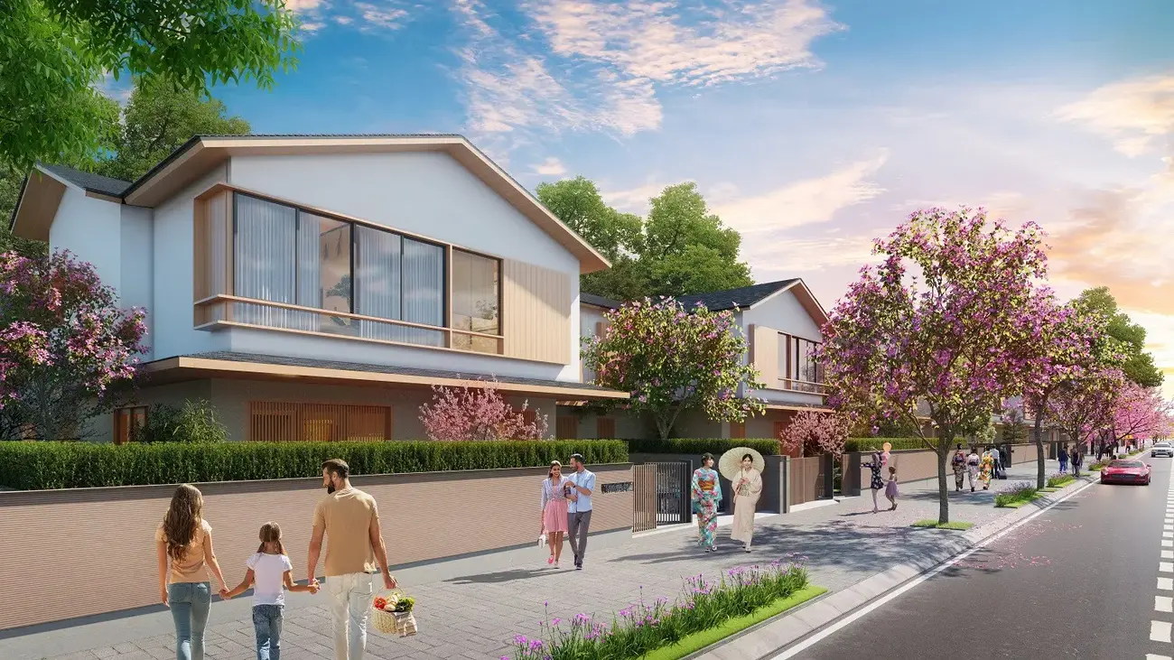 Phối cảnh khu biệt thự khoáng nóng Sun Beauty Onsen với phong cách kiến trúc tinh tế mang tinh thần Nhật Bản.