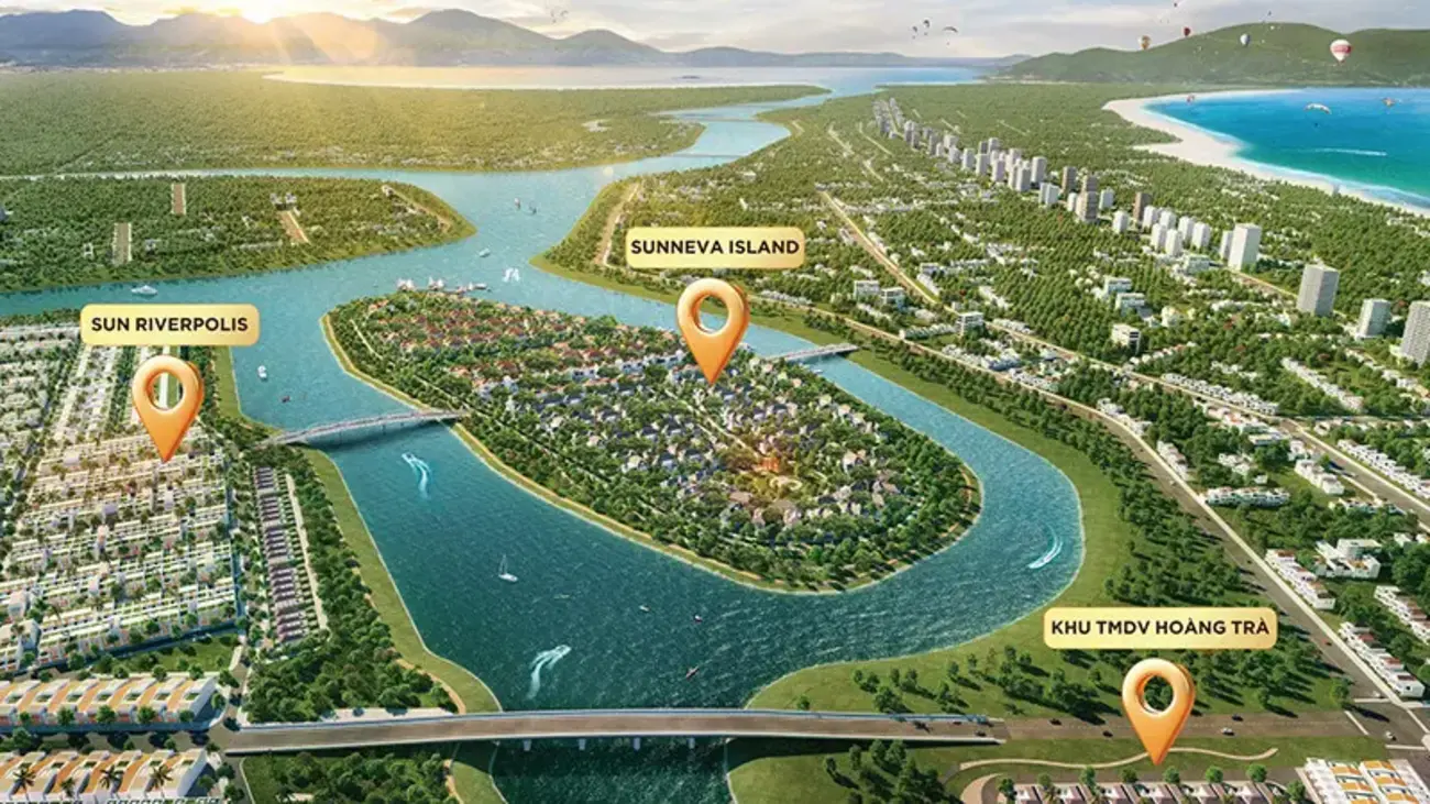 Phối cảnh quần thể dự án “Thành phố hội nhập” tại Đông Nam Đà Nẵng với Sunneva Island, Sun Riverpolis và Khu TMDV Hoàng Trà.
