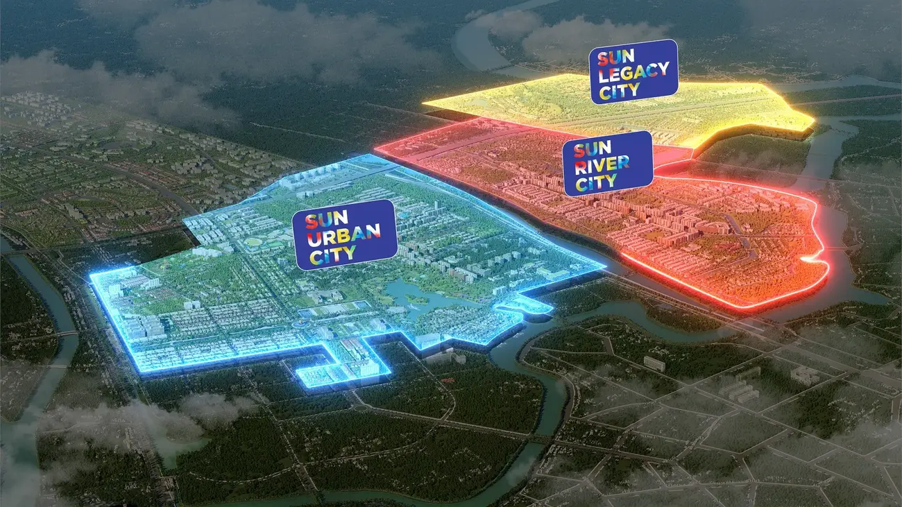 Phối cảnh siêu đô thị Sun Mega City Nam Hà Nội gồm ba đại đô thị: Sun Urban City, Sun River City và Sun Legacy City.