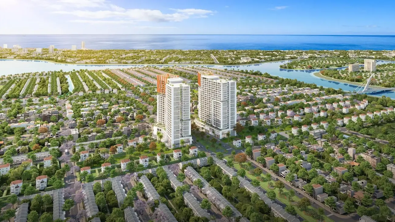 Phối cảnh tổng thể dự án Cora Tower, biểu tượng thịnh vượng tại Sun NeO City, Đà Nẵng.