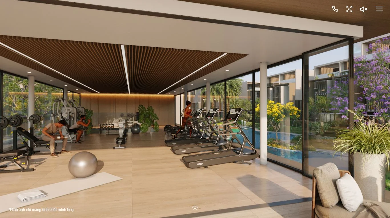 Phòng tập gym trang bị máy móc tối tân với tầm nhìn ra hồ bơi tại Senturia An Phú.