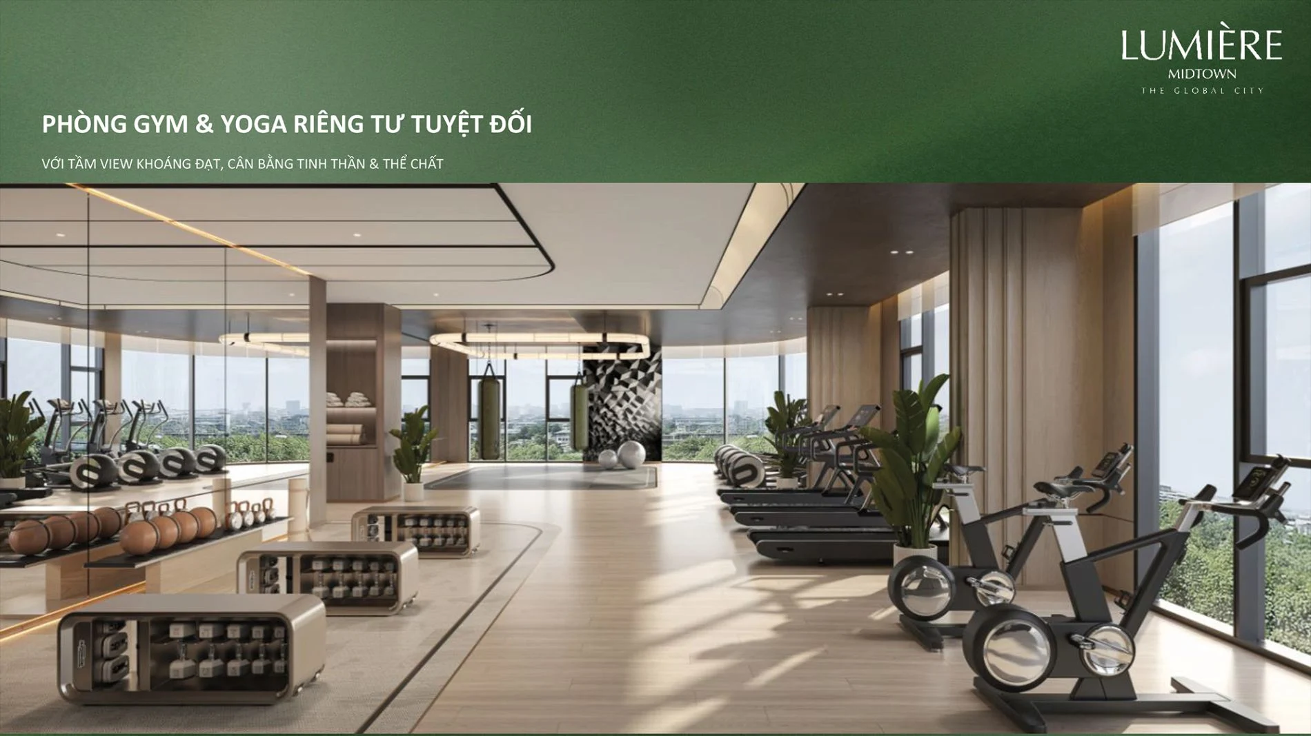 Không gian phòng tập Gym và Yoga với vách kính tràn viền tại Lumiere Midtown
