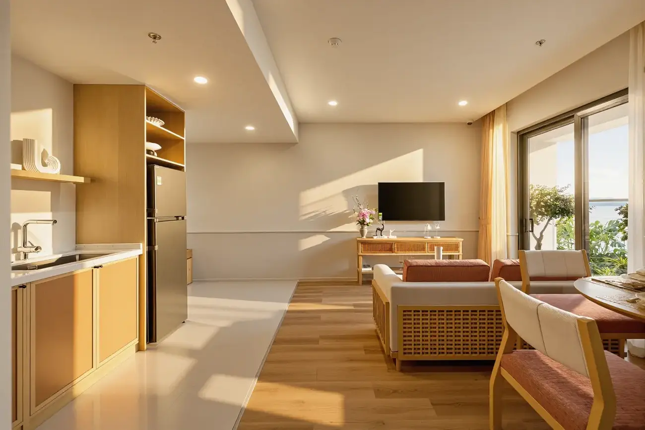 Phòng khách căn hộ Sun Centro Town với thiết kế hiện đại, tận dụng ánh sáng tự nhiên. Ảnh: Sun Property.