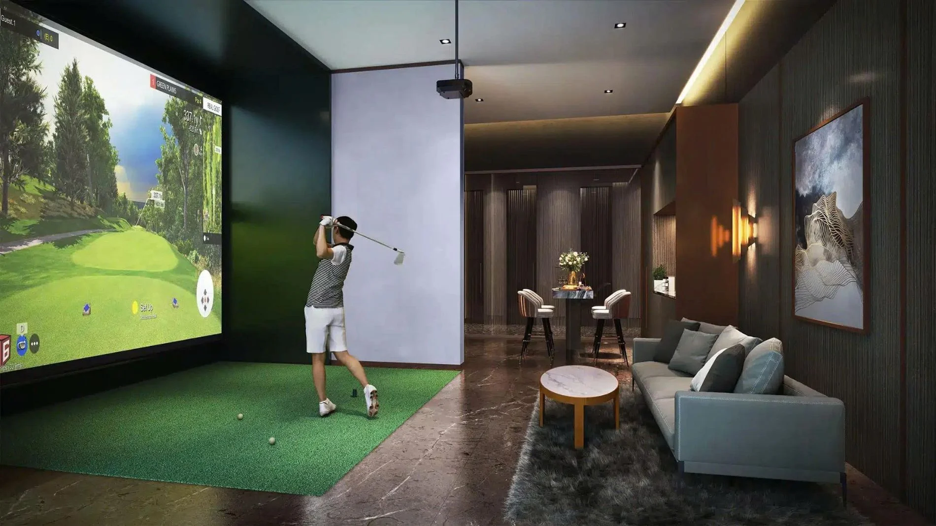 Một người đàn ông đang chơi golf trong phòng tập golf 3D hiện đại của The Opusk Residence.