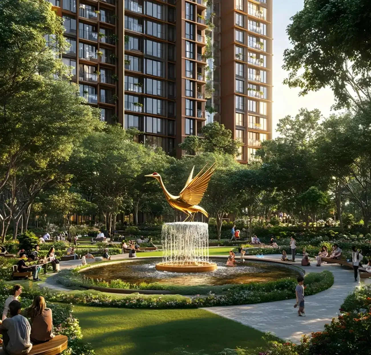 Quần thể Feliz Jardin – vườn Hạnh phúc tại trung tâm Sun Feliza Suites, mang đến không gian xanh mát và tiện ích hiện đại. Ảnh: Sun Property