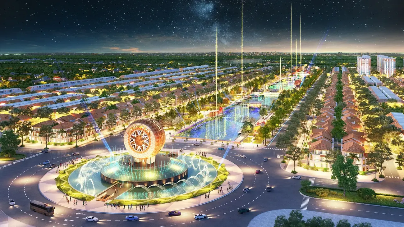 Quảng trường trung tâm và cảnh quan tuyệt đẹp của Sun Mega City Nam Hà Nội về đêm.
