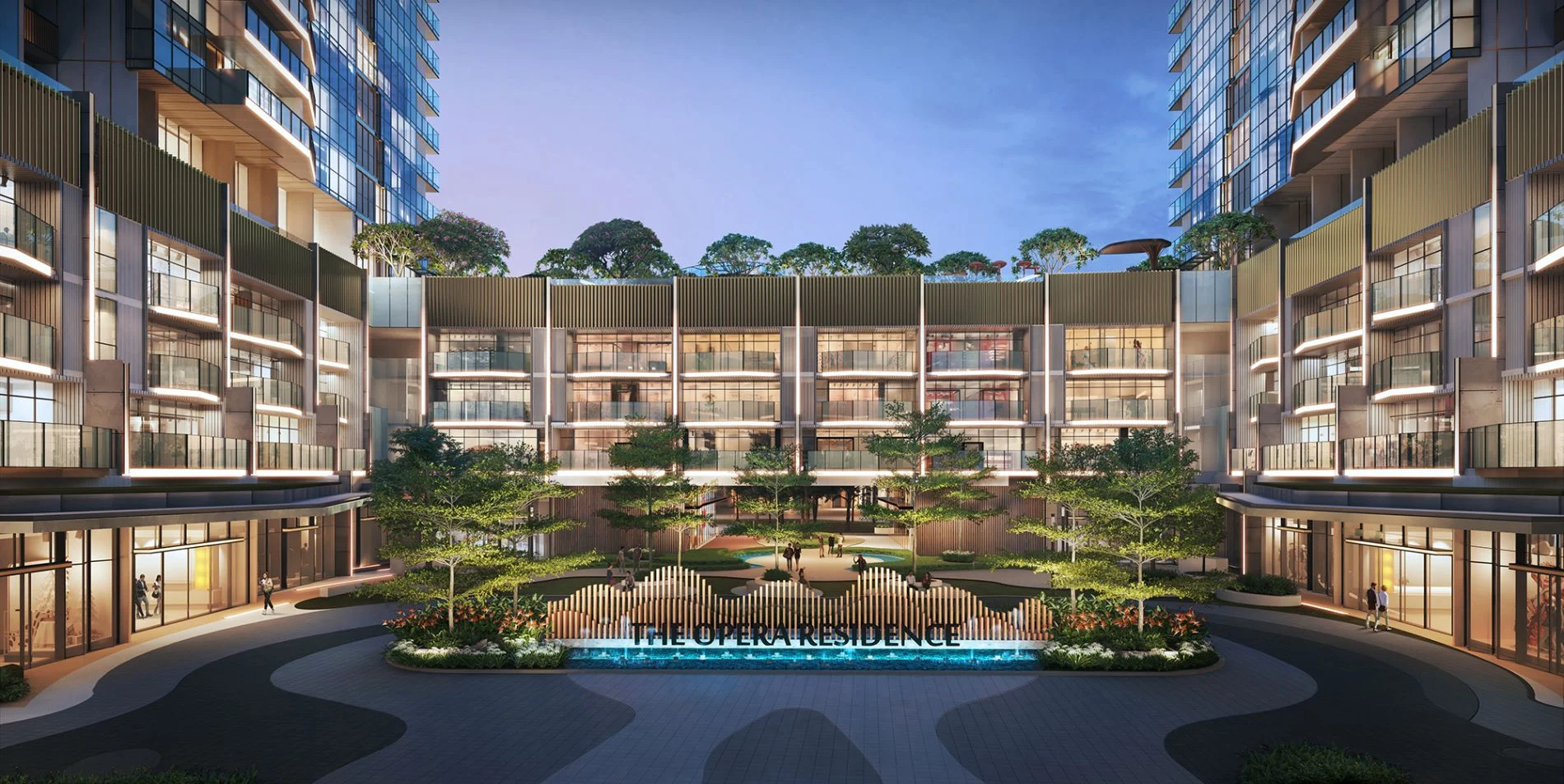 Không gian quảng trường trung tâm rộng lớn với đài phun nước tại sảnh đón khách The Opera Residence