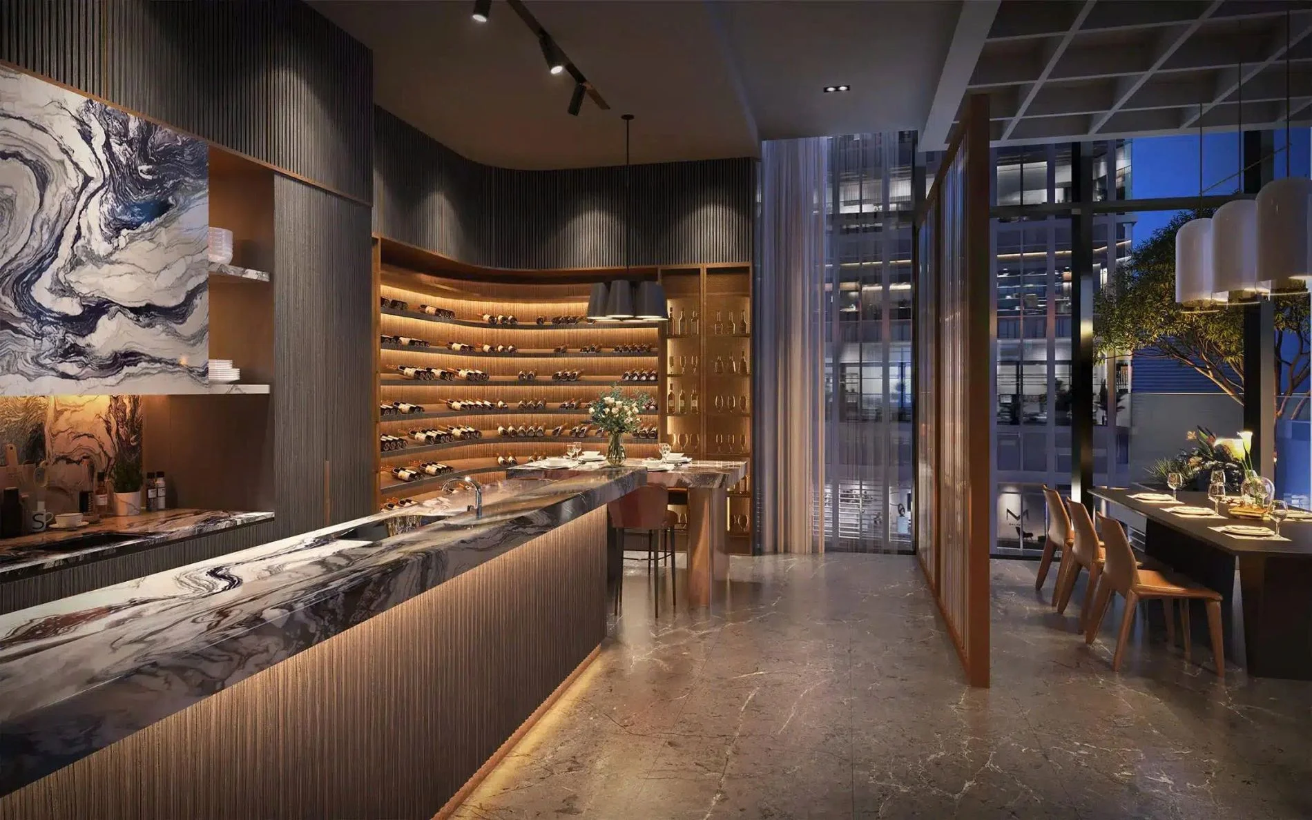 Quầy bar rượu vang với kệ trưng bày bằng gỗ và bàn đá cẩm thạch tại The Opusk Residence.