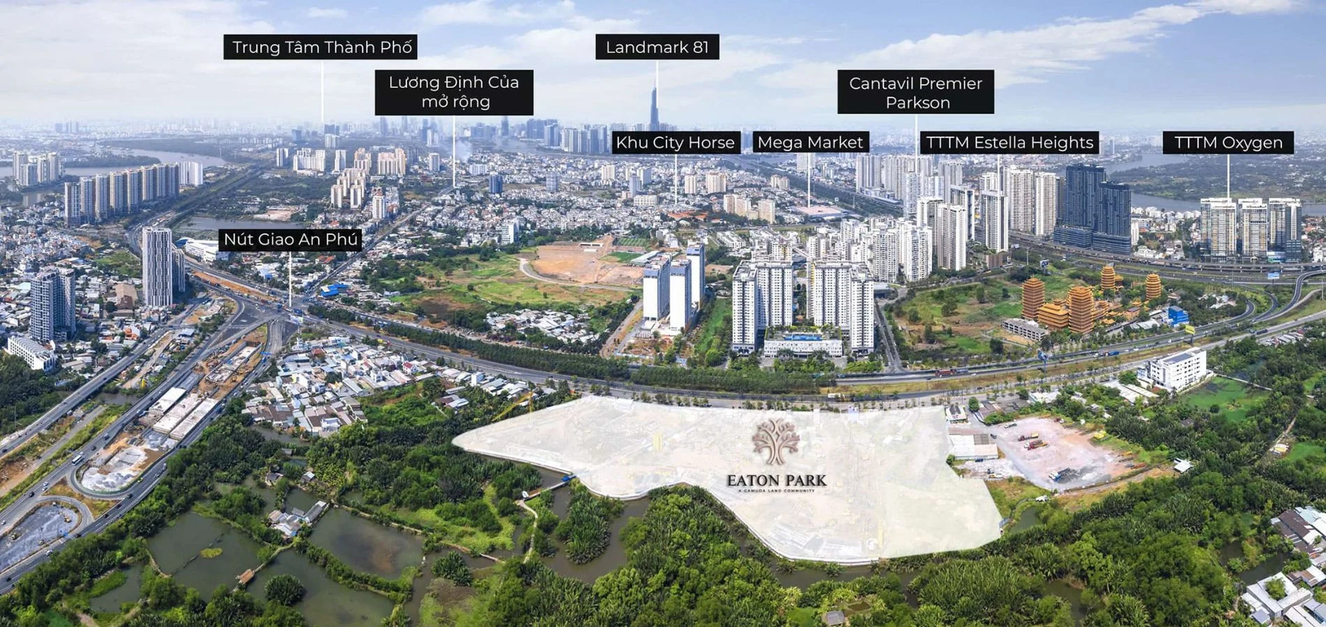 Toàn cảnh thực tế quỹ đất dự án Eaton Park nhìn về hướng nút giao An Phú và trung tâm thành phố