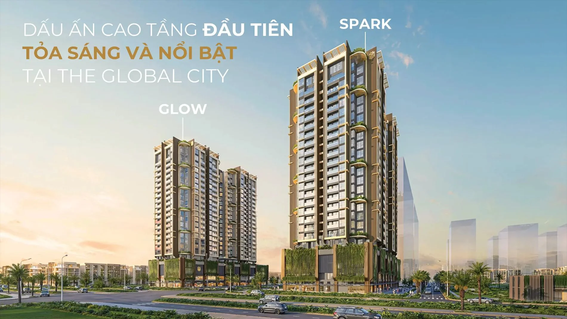 Phối cảnh mặt bằng tổng thể hai tòa tháp Spark và Glow thuộc dự án Masteri Grand View