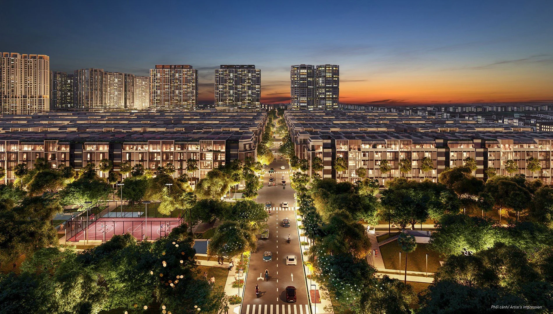 Toàn cảnh khu nhà phố SOHO The Global City về đêm với hệ thống giao thông nội khu rộng thoáng và mảng xanh bao phủ