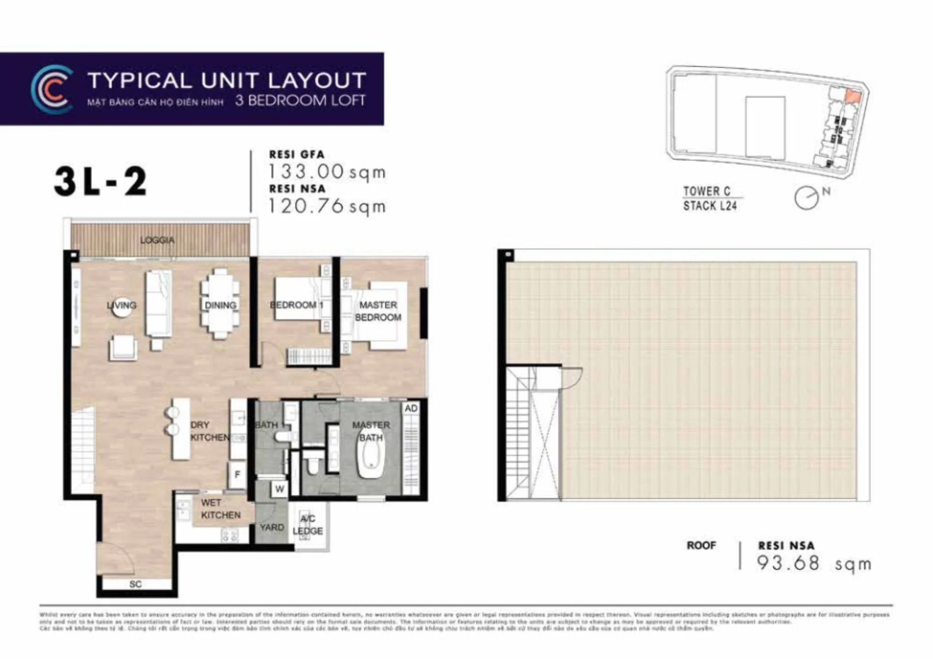Bản vẽ thiết kế căn hộ Loft 3 phòng ngủ siêu sang 3L-2 có sân vườn The Crest Residence