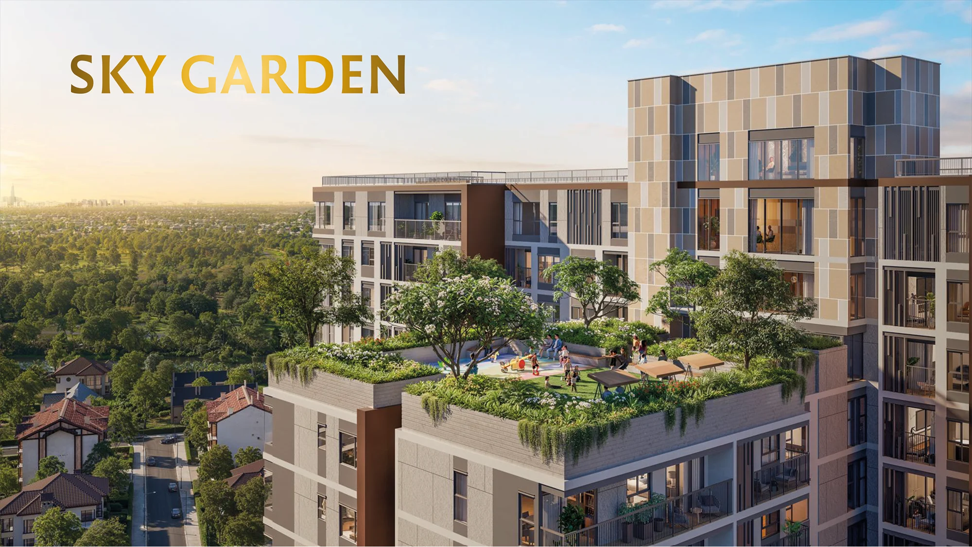 Phối cảnh khu vườn trên cao Sky Garden với tầm nhìn toàn cảnh khu vực Thủ Đức