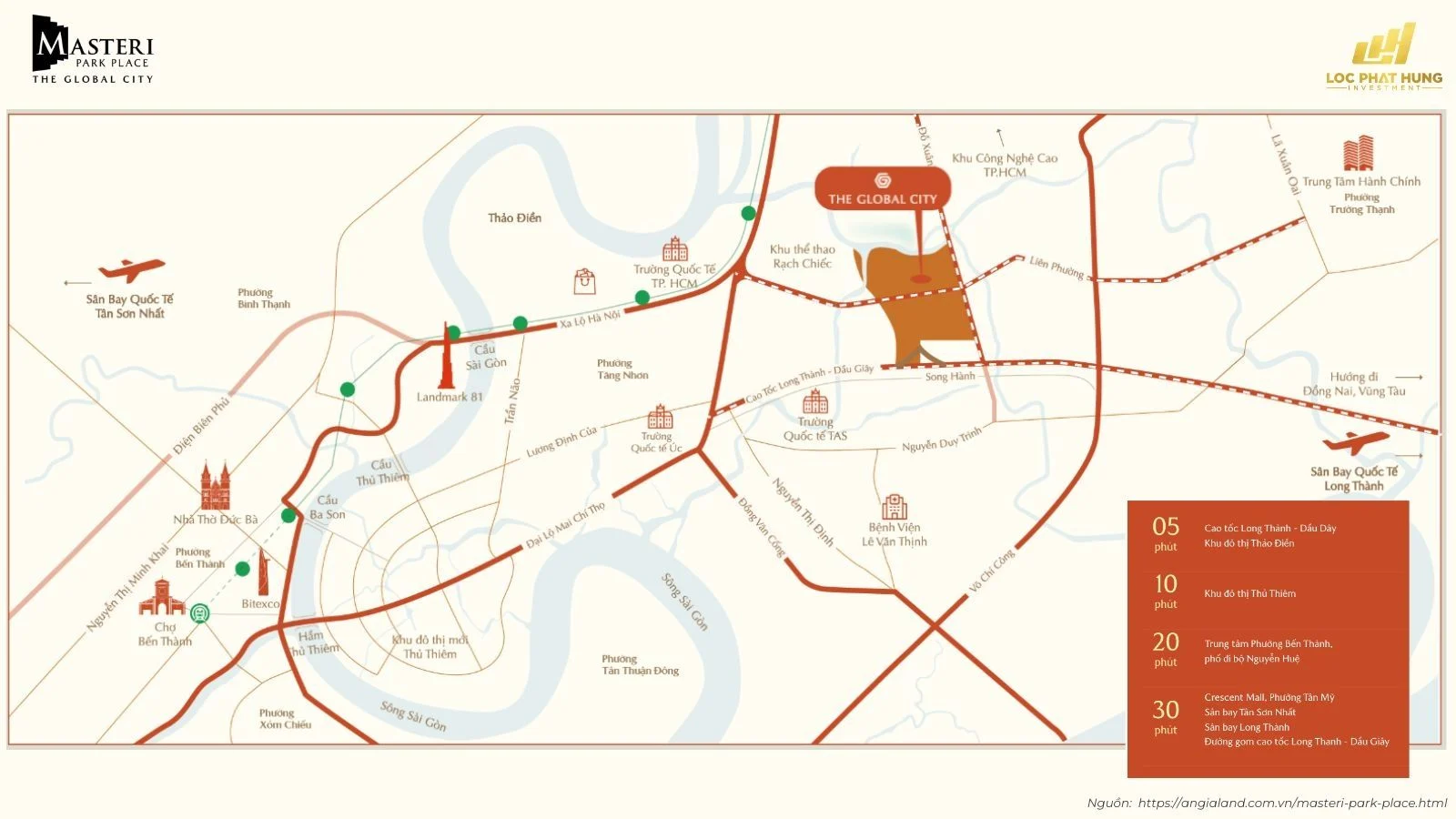 Bản đồ vị trí dự án Masteri Park Place kết nối trực tiếp nút giao An Phú và cao tốc Long Thành Dầu Giây