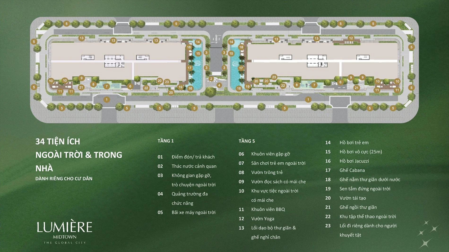 Bản đồ chi tiết vị trí 34 tiện ích ngoài trời và trong nhà tại Lumiere Midtown