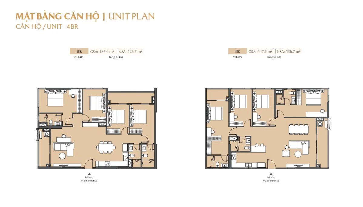 Chi tiết bản vẽ layout căn hộ 4 phòng ngủ mã CH-03 và CH-05 dự án Masteri Cosmo Central
