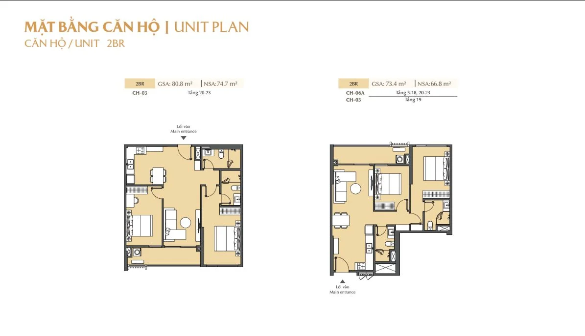 Layout chi tiết mặt bằng căn hộ 2 phòng ngủ mã CH-03 và CH-06A tại Masteri Cosmo Central