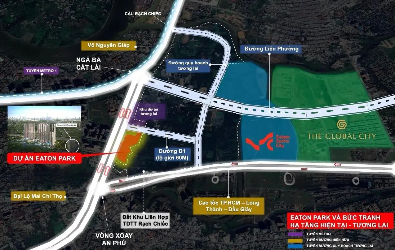 Sơ đồ quy hoạch đường Liên Phường và khu liên hợp thể thao Rạch Chiếc cạnh dự án Eaton Park