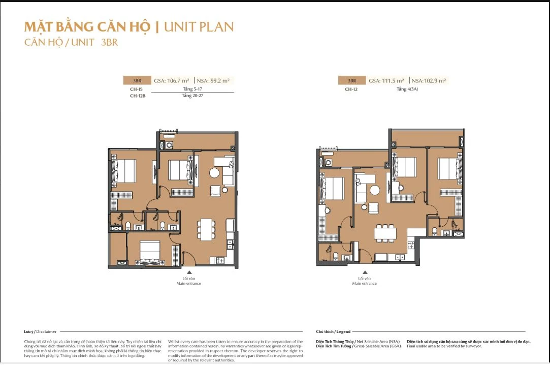 Bản vẽ mặt bằng căn hộ 3 phòng ngủ 3BR mã CH-15 và CH-12 tại tòa A Masteri Cosmo Central
