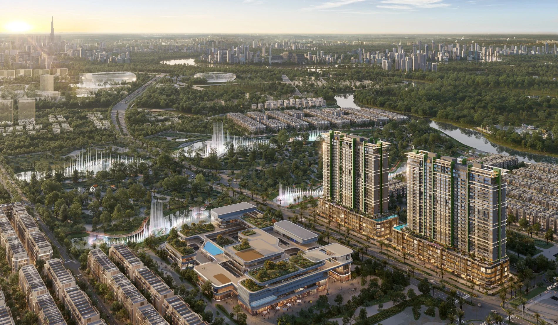 Toàn cảnh dự án Lumiere Midtown với mật độ xây dựng thấp và hệ sinh thái mảng xanh rộng lớn