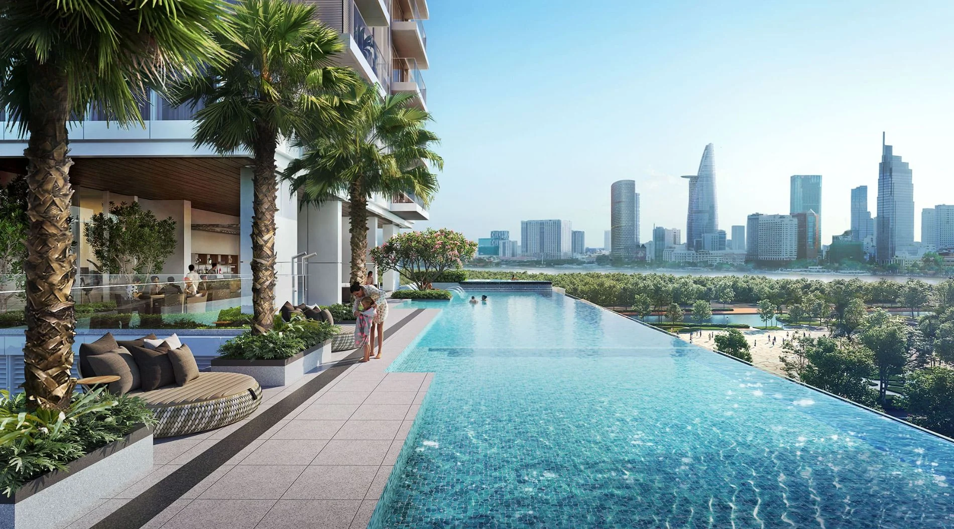 Cư dân thư giãn tại hồ bơi vô cực The Metropole Thủ Thiêm với hậu cảnh là tòa nhà Bitexco.