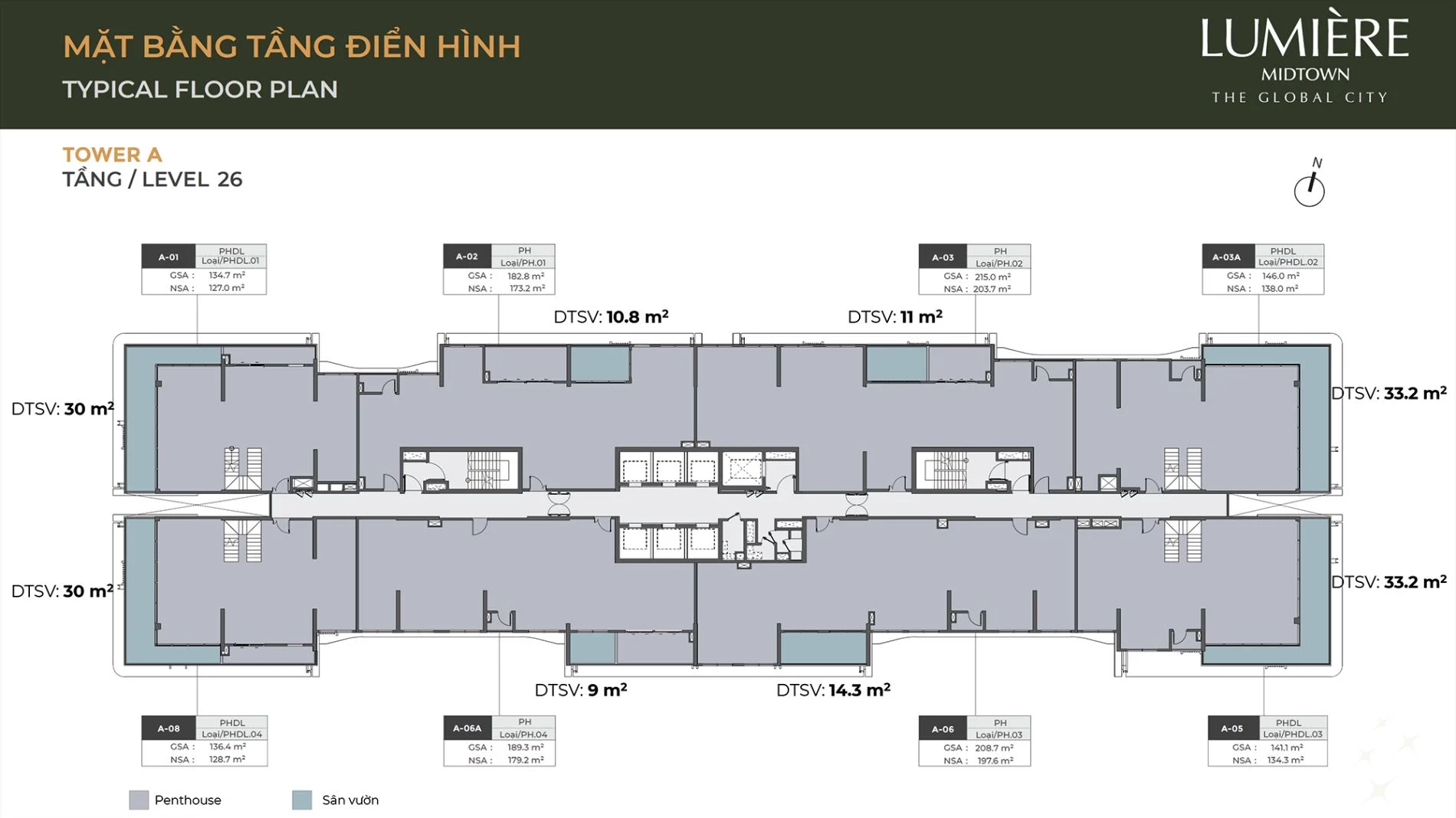 Sơ đồ mặt bằng tầng 26 tháp A với các căn hộ có sân vườn lớn