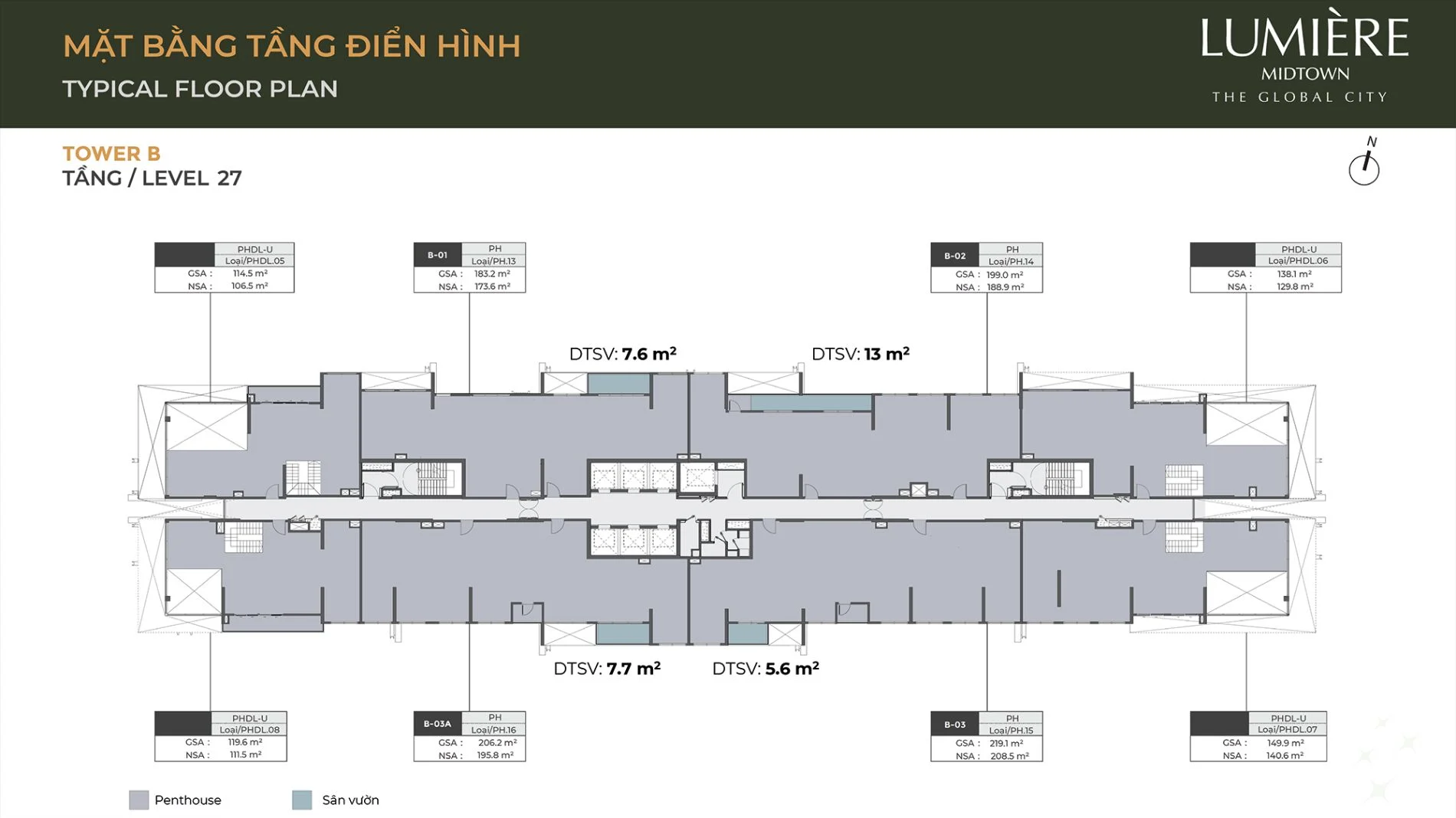 Layout mặt bằng tầng 27 tháp B dự án Lumiere Midtown
