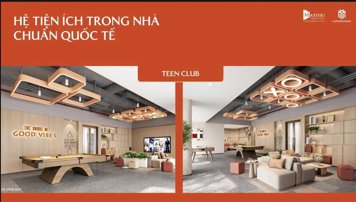 Phòng giải trí Teen club với bàn bida và khu vực ghế ngồi tại Masteri Park Place