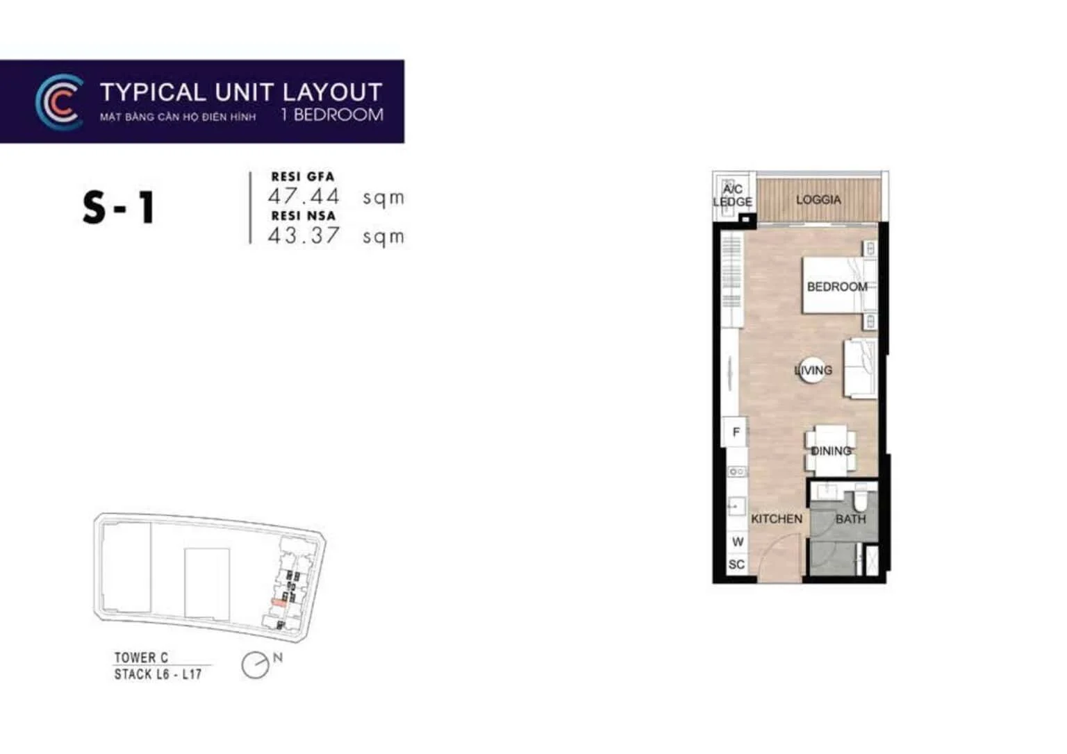 Sơ đồ mặt bằng căn hộ 1 phòng ngủ type S-1 dự án The Metropole Thủ Thiêm