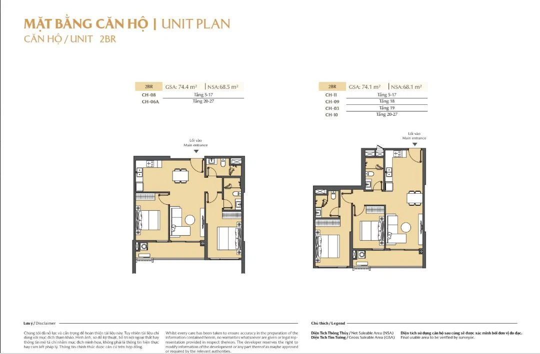 Bản vẽ mặt bằng căn hộ 2 phòng ngủ 2BR mã CH-08 và CH-09 tòa A Masteri Cosmo Central