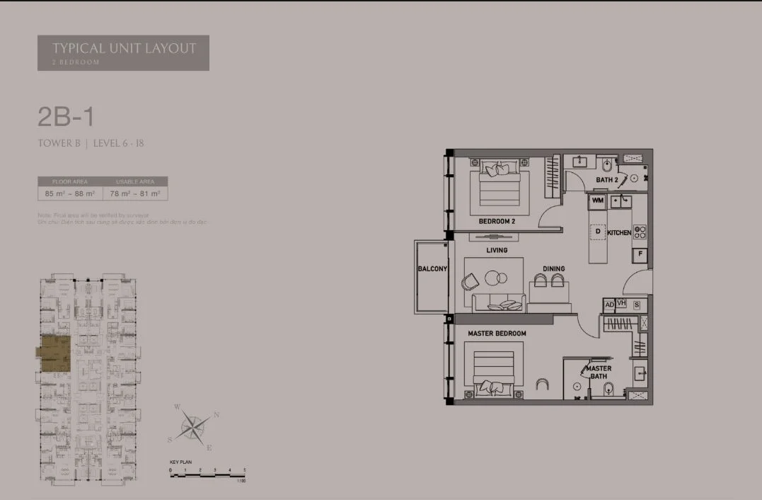 Bản vẽ thiết kế layout căn hộ 2 phòng ngủ loại 2B-1 tại The Opusk Residence