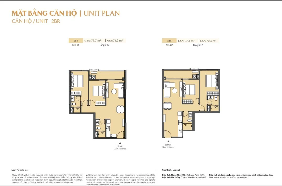 Mặt bằng layout căn hộ 2 phòng ngủ 2BR mã CH-01 và CH-02 dự án Masteri Cosmo Central