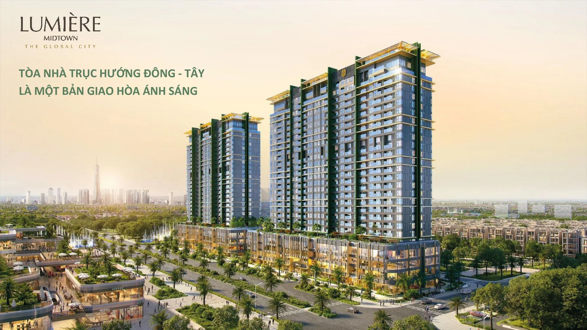 Mặt đứng hai tòa tháp Lumiere Midtown thiết kế trực hướng Đông Tây