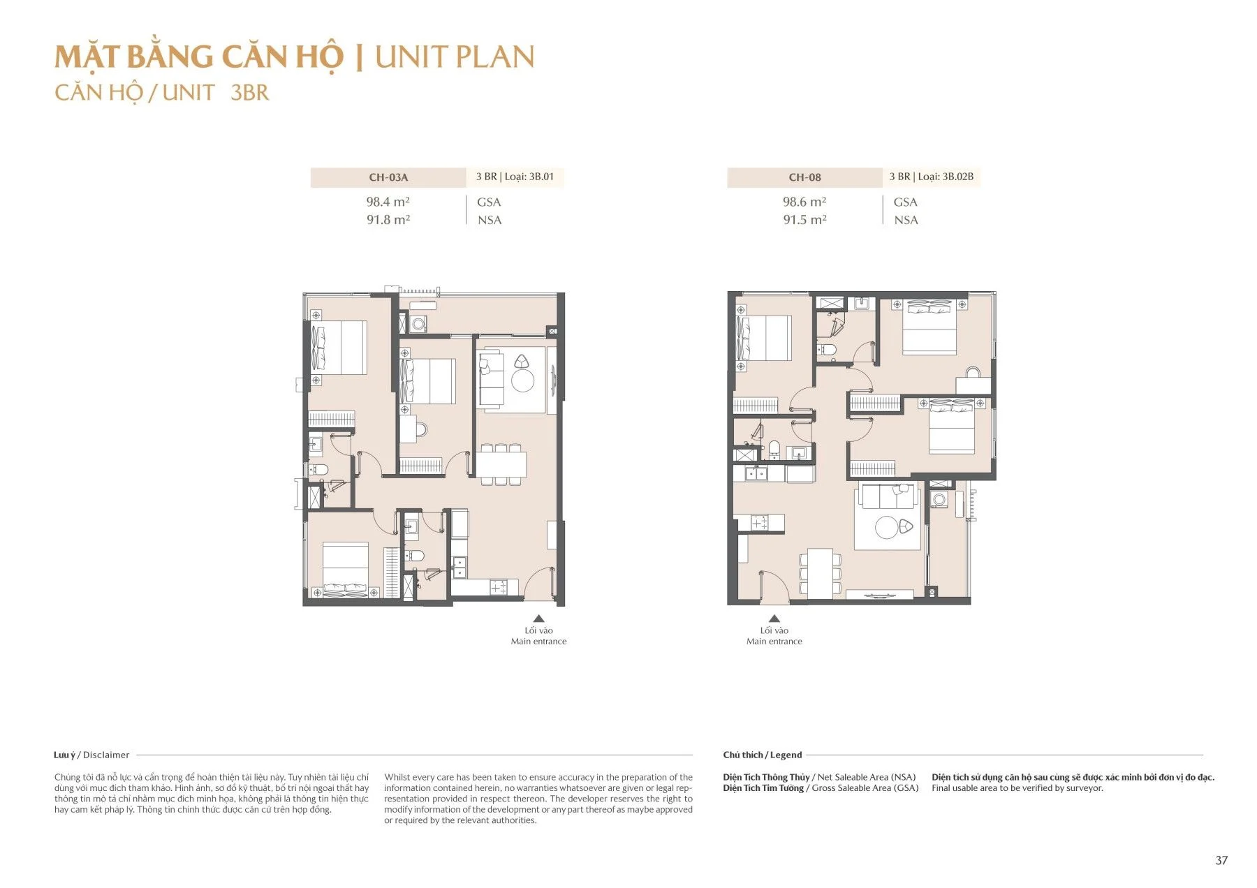 Layout mặt bằng căn hộ 3 phòng ngủ 3BR mã CH-03A và CH-08 tháp B2 Masteri Park Place