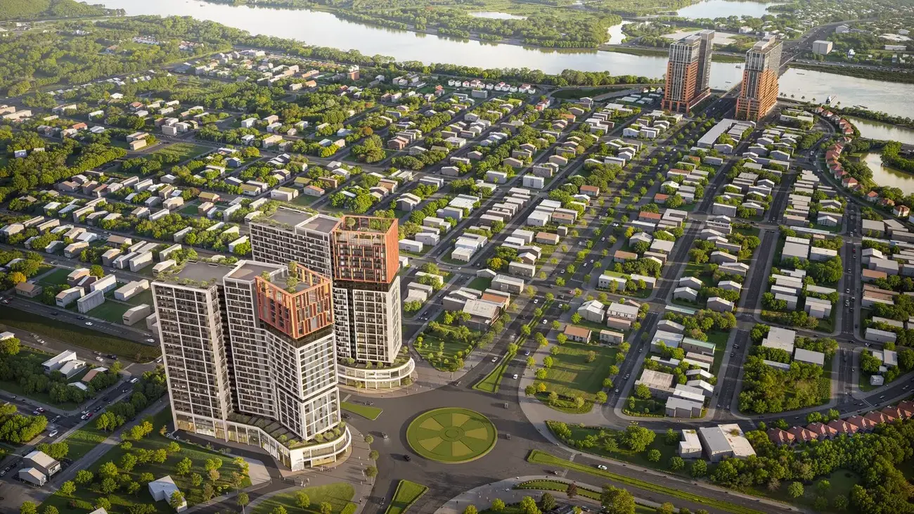 Tòa tháp Cora Tower nổi bật tại khu đô thị Sun NeO City, tâm điểm mới của Đà Nẵng. (Ảnh phối cảnh: Sun Property)