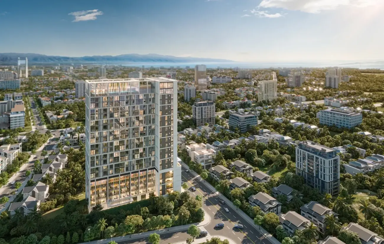 Tòa tháp Sun Solar Residence nổi bật trên tuyến đường Lê Duẩn, trung tâm sôi động TP Đà Nẵng.