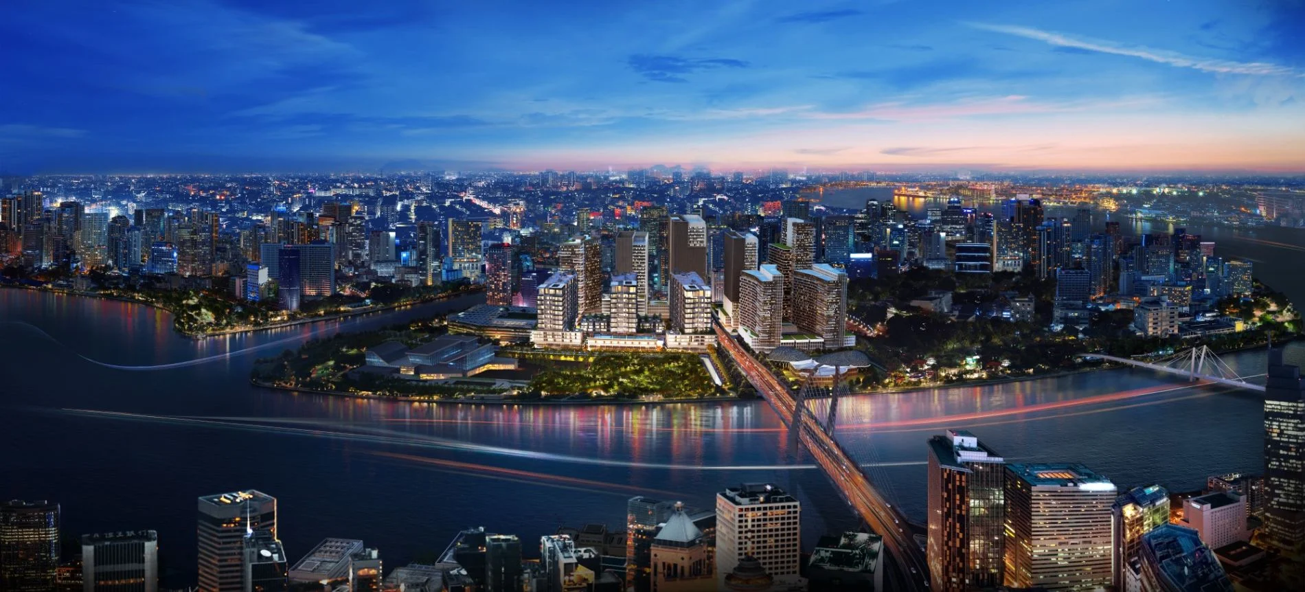 Phối cảnh toàn cảnh dự án The Metropole Thủ Thiêm rực rỡ ánh đèn bên bờ sông Sài Gòn.