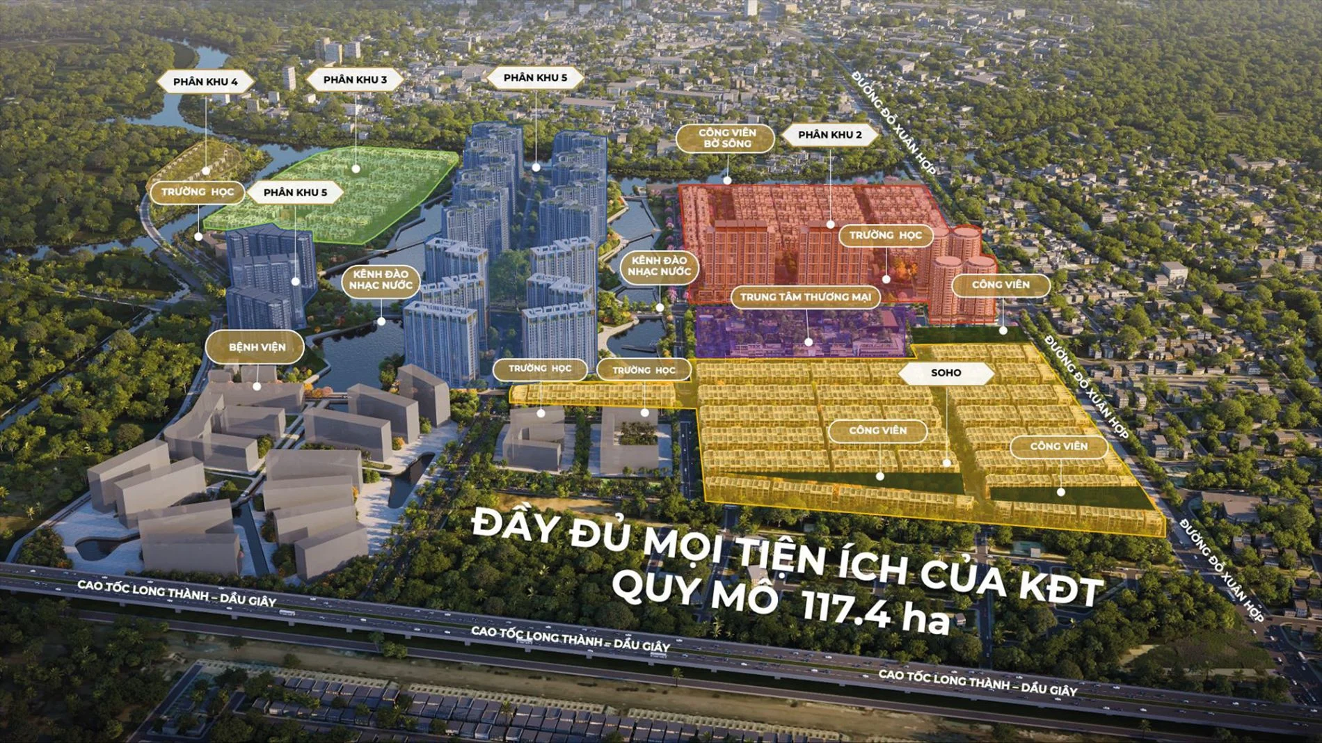 Bản đồ quy hoạch chi tiết các phân khu và hệ thống tiện ích nội khu của dự án The Global City quy mô 117.4 ha.