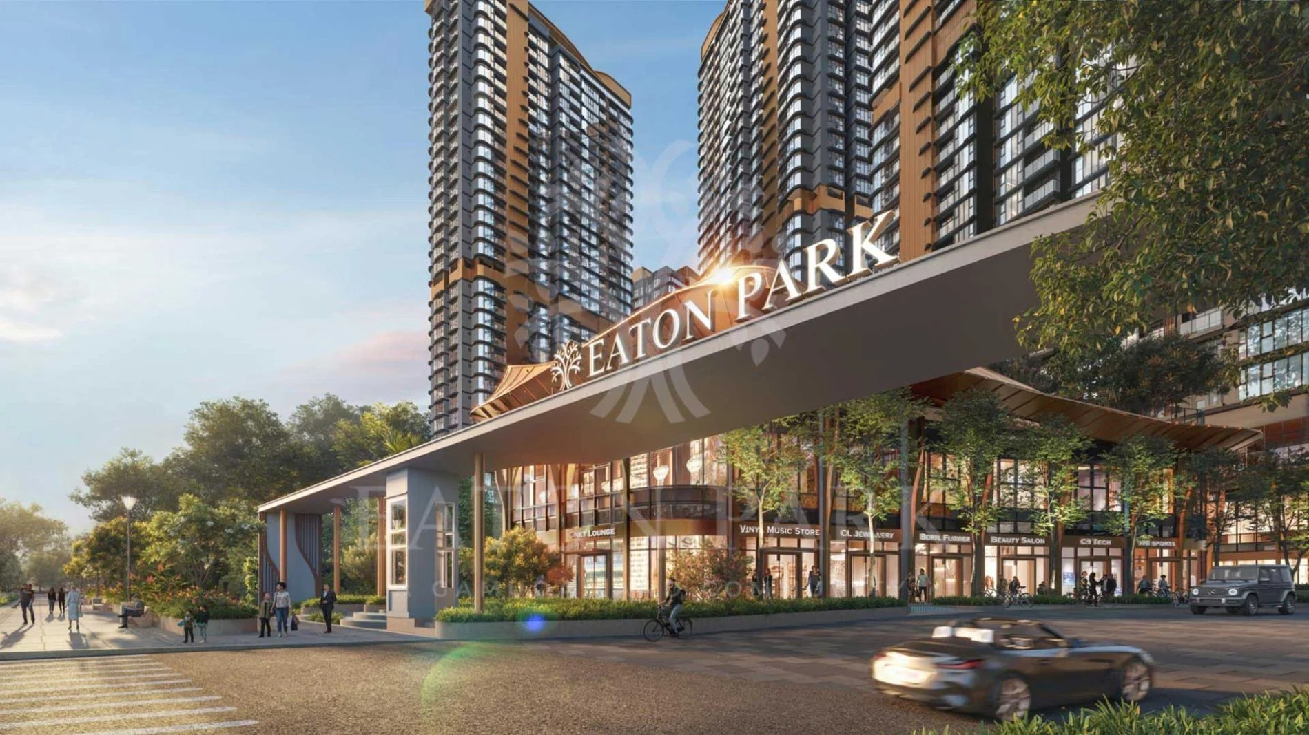 Mặt tiền cổng chào dự án Eaton Park với các cửa hàng thương mại sáng đèn
