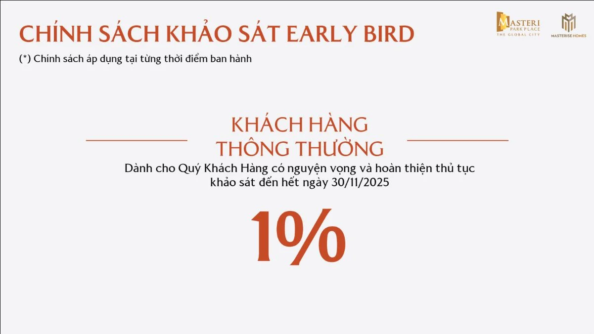 Chính sách chiết khấu Early Bird 1% dự án Masteri Park Place